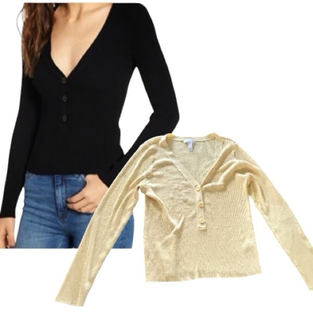 Leith light yellow long sleeve ribbed top button detail